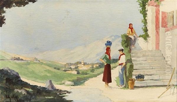 La Porteuse D'eau Devant Les Escaliers Oil Painting by Hippolyte Marius Galy