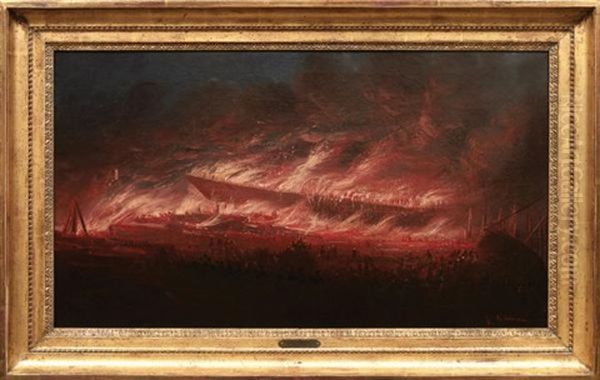 Navire En Feu Dans La Rade Oil Painting by Louis-Honore-Frederic Gamain