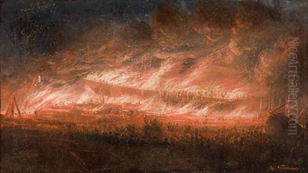 L'incendie Du Navire Oil Painting by Louis-Honore-Frederic Gamain