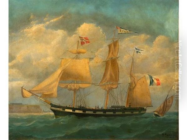 Le Trois Mats Elisa Avec Une Pilotine Au Havre Oil Painting by Louis-Honore-Frederic Gamain