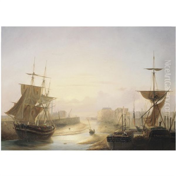 A Harbour At Sunset Oil Painting by Louis-Honore-Frederic Gamain