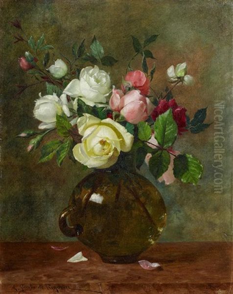 Stillleben Mit Rosen In Einer Glasvase Oil Painting by Jules-Alexandre Gamba De Preydour