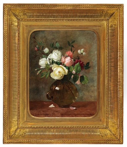 Roses In A Vase Oil Painting by Jules-Alexandre Gamba De Preydour