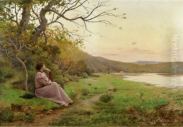 Jeune Femme Songeuse Devant L'etang Oil Painting by Jules-Alexandre Gamba De Preydour