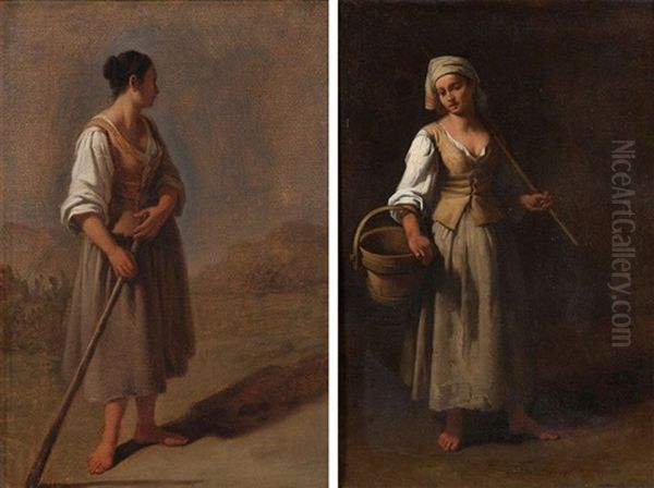 Jeune Femme Portant Son Seau Et Jeune Paysanne Oil Painting by Giuseppe Gambarini