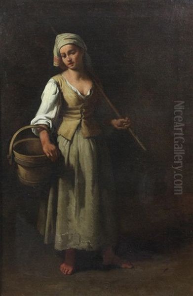 Study Of A Young Woman Holding A Pail Oil Painting by Giuseppe Gambarini