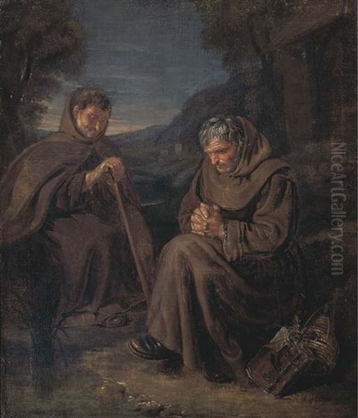 Monks Praying In A Landscape Oil Painting by Giuseppe Gambarini