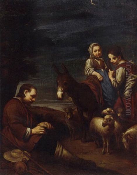 A Shepherd, Shepherdess And Child With A Flock Of Sheep Oil Painting by Giuseppe Gambarini