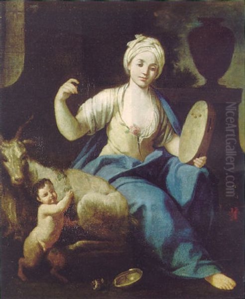 A Maenad Beating A Tambourine With An Infant And A Goat In A Formal Garden Oil Painting by Giuseppe Gambarini