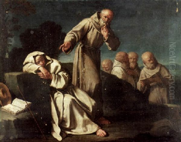 A Monk Approaching A Sleeping Colleague In A Landscape Oil Painting by Giuseppe Gambarini