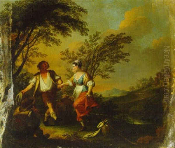 Peasants Dancing To A Piper In An Italianate Landscape Oil Painting by Giuseppe Gambarini