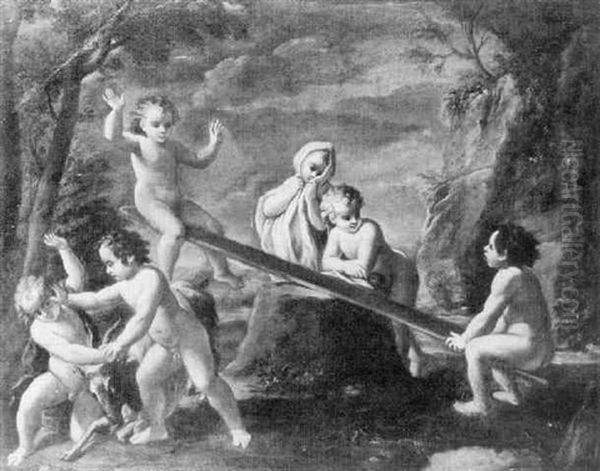 He Young Bacchus Tussling With A Goat, Putti Playing On A See-saw Beyond Oil Painting by Giuseppe Gambarini