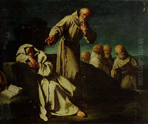 A Monk Approaching A Sleeping Colleague In A Landscape Oil Painting by Giuseppe Gambarini