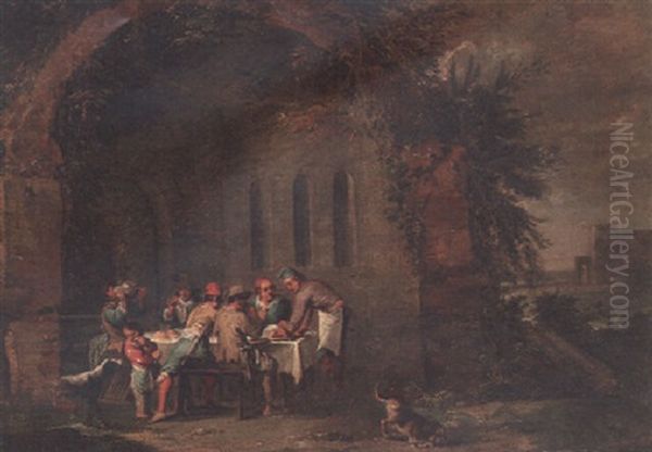 Figures Eating At A Table Before An Arch Oil Painting by Giuseppe Gambarini