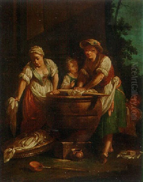 Washerwomen Outside A Building Oil Painting by Giuseppe Gambarini