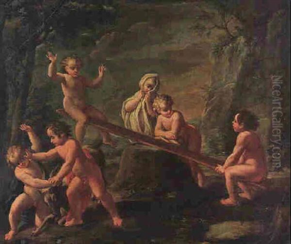 The Young Bacchus Tussling With A Goat, Putti Playing On A See-saw Beyond Oil Painting by Giuseppe Gambarini