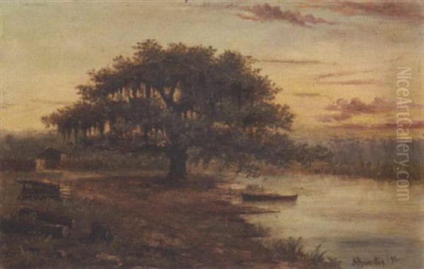 Louisiana Bayou With Cabin And Pirogue Oil Painting by Alphonse J. Gamotis