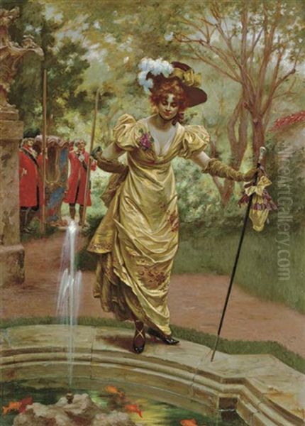 An Elegant Lady By A Goldfish Pond Oil Painting by Karl Gampenrieder