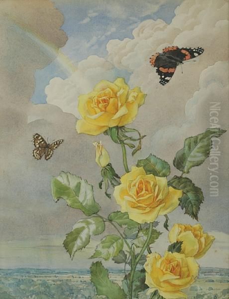 Yellow Roses With Butterflies And Rainbow Oil Painting by Andrey Avinoff