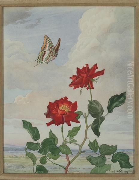 Red Roses And A Butterfly Oil Painting by Andrey Avinoff