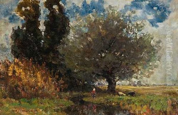 Magd Mit Zwei Ziegen Am Waldrand Oil Painting by Otto Gampert