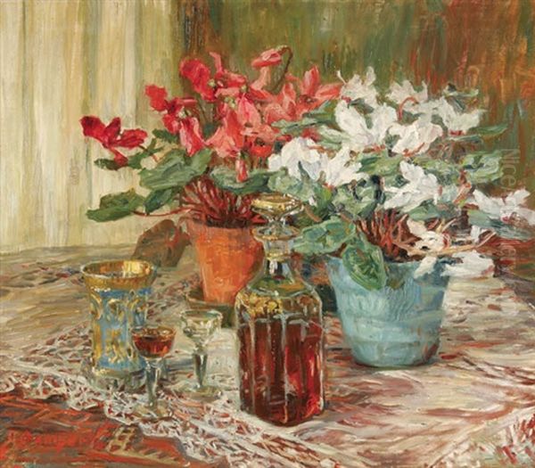 Floral Still Life On Lace Tablecloth Oil Painting by Otto Gampert