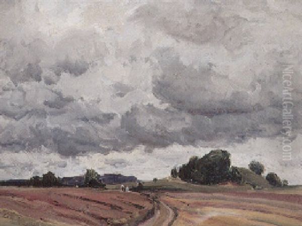 Blick Uber Abgeerntete Felder Auf Hugelige Landschaft Oil Painting by Otto Gampert