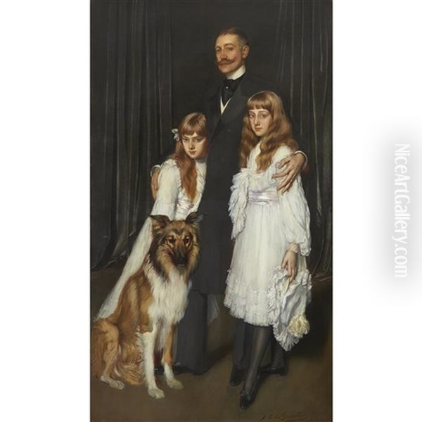 Portrait Of A Family With Their Collie Oil Painting by Antonio De La Gandara