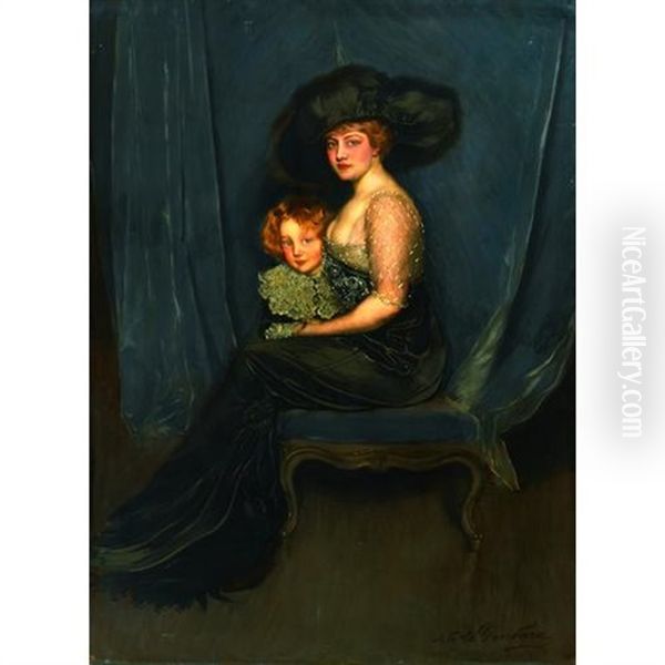 A Portrait Of A Lady In A Black Satin Dress With Her Son by Antonio De La Gandara