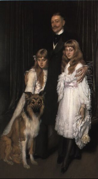 Portrait Of A Family With Their Collie Oil Painting by Antonio De La Gandara