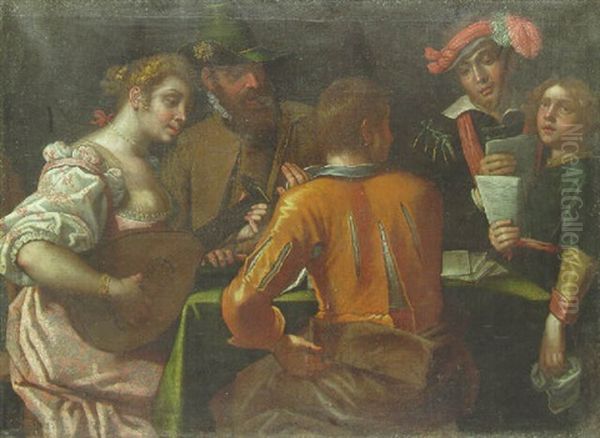 Elegant Company Making Music Around A Table Oil Painting by Antonio Gandini