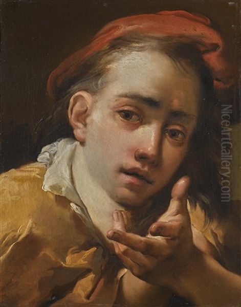 Portrait Of A Young Man, Bust-length, Wearing A Red Cap And Gesturing To The Viewer Oil Painting by Gaetano Gandolfi