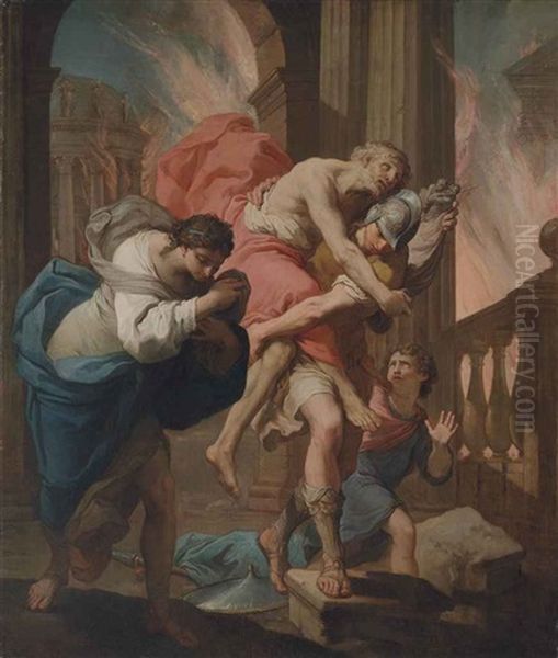 Aeneas And His Father Fleeing The Burning Troy Oil Painting by Gaetano Gandolfi