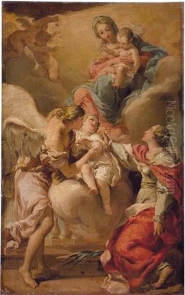 Saint Giustina And The Guardian Angel Commending The Soul Of An Infant To The Madonna And Child Oil Painting by Gaetano Gandolfi