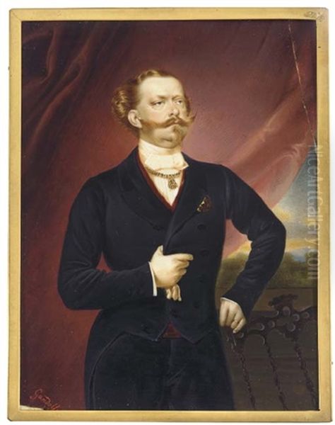 Vittorio Emanuele Ii, King Of Sardinia And Later King Of Italy, Standing With His Left Hand On The Back Of Carved Wooden Chair And Holding A White Glove In His Right Hand Oil Painting by Luigi Gandolfi