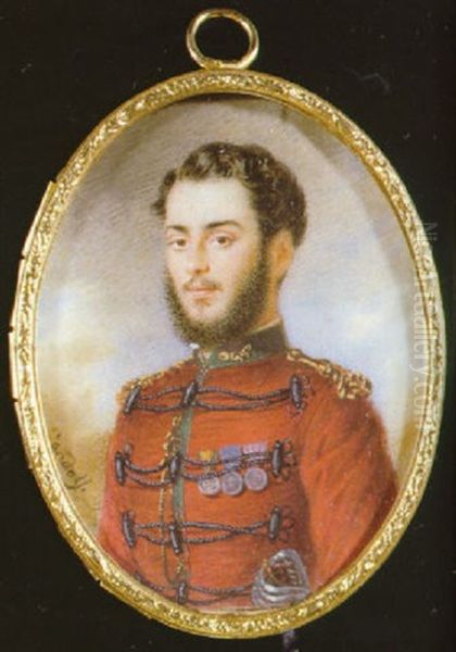 An Officer Of The Garibaldi Volunteers, In Red Uniform With Green Collar With Gold Thread Embroidery Oil Painting by Luigi Gandolfi