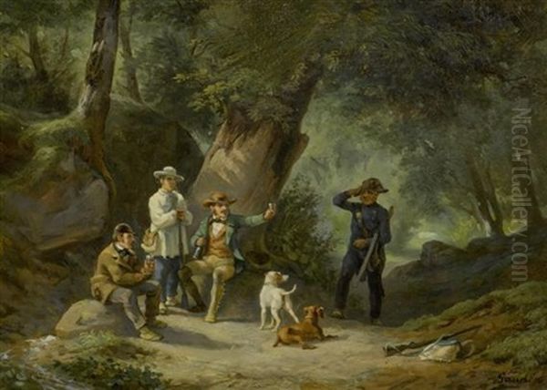 Jagdgesellschaft Und Grussender Soldat Oil Painting by Adolphe Gandon