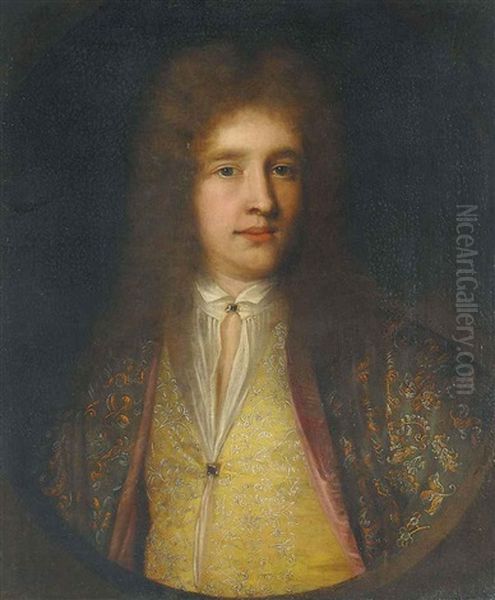 Portrait Of A Gentleman In A Green Coat And Yellow Waistcoat, Both With Floral Embroidery Oil Painting by William Gandy