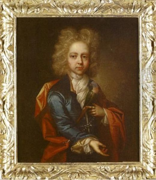 Portrait Of A Young Boy, In A Blue Coat With A Red Cloak Holding A Parakeet Oil Painting by William Gandy