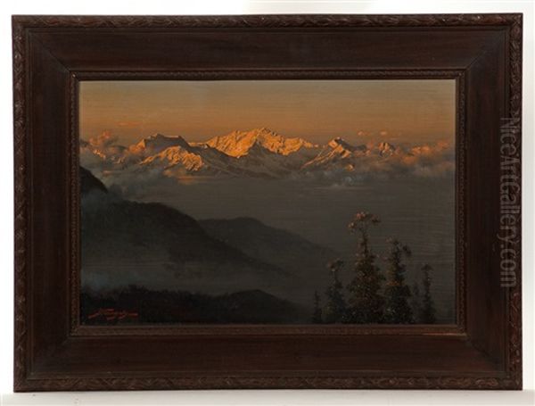 Sunset Over The Himalayas Oil Painting by Jamini Prakash Gangooly