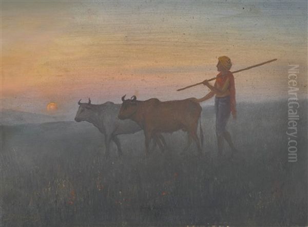 Untitled (shepherd With Cows) Oil Painting by Jamini Prakash Gangooly