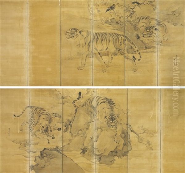 Tigers (+ Another; Pair) Oil Painting by  Ganku