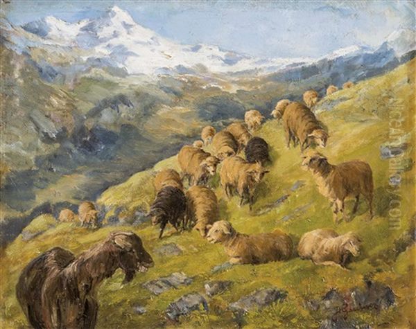 Schafe Und Ziegen Auf Der Hochalm Oil Painting by Hans Gantner