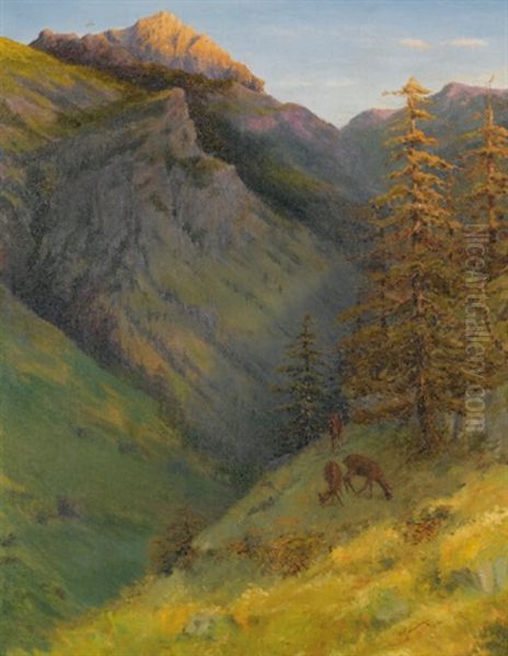 The Augustenberg From The Malbuntal Valley Oil Painting by Hans Gantner