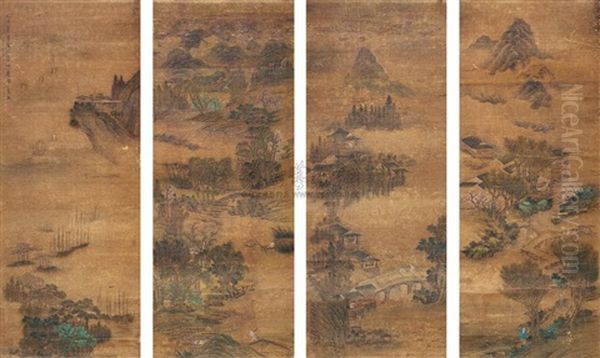 Fisher, Woodman, Farmer, And Scholar (4 Works) Oil Painting by  Gao Cen