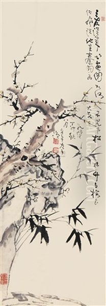 Plum And Bamboo Rock Oil Painting by  Gao Fenghan