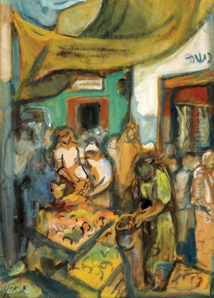 Figures In A Souk Oil Painting by Aharon Avni