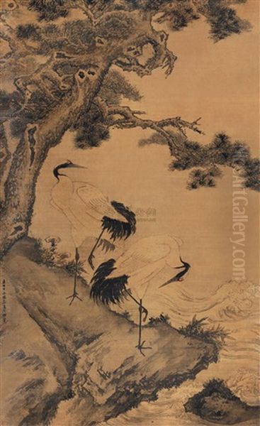 Crane And Pine Tree Oil Painting by  Gao Qipei