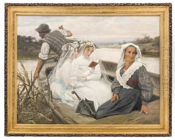 La Primera Comunion (mujeres En Barcaza) Oil Painting by Juan Jose Garate Y Clavero