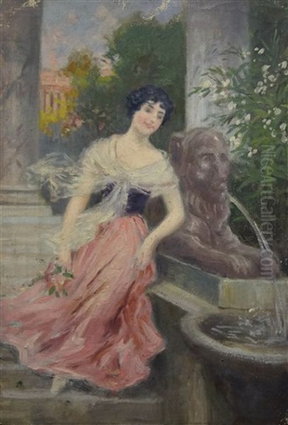 Dama Junto A La Fuente Del Leon Oil Painting by Juan Jose Garate Y Clavero